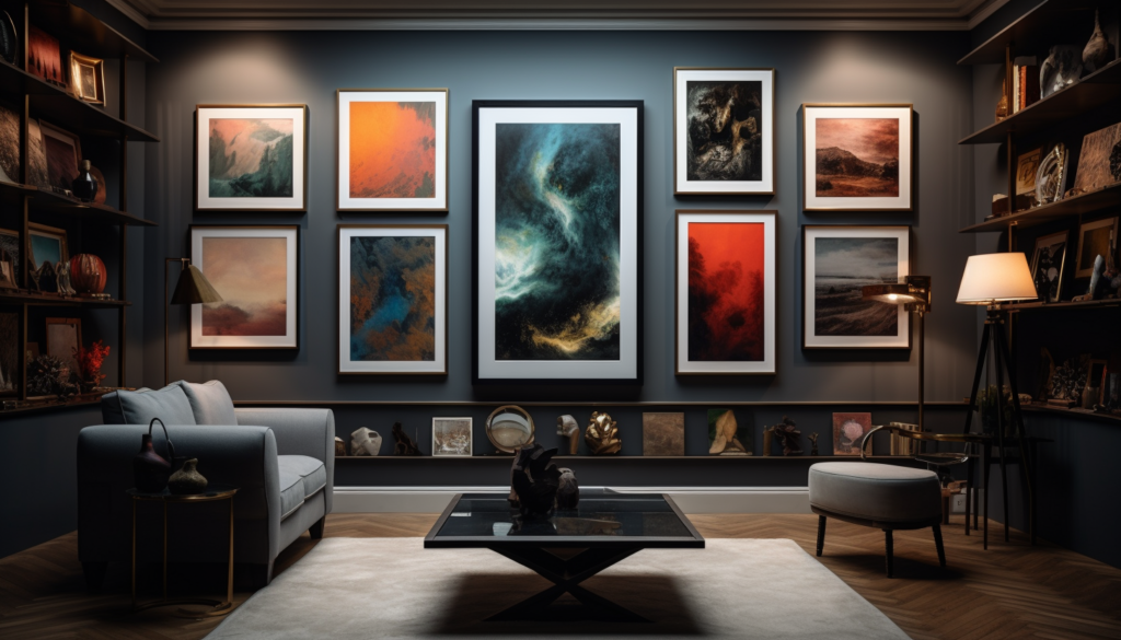 A luxurious collection of art neatly arranged on a wall in an upscale collector's home, the image rendered in 8K, adding an element of fog for a moody vibe, shot with GoPro