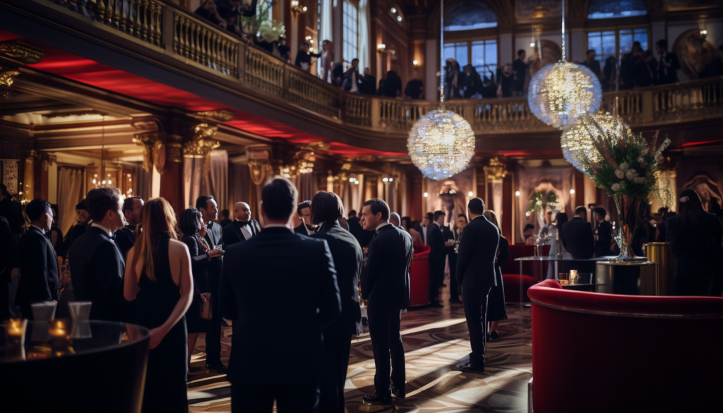 A splendid wide shot of an elite gathering event, showing a vibrant and luxurious atmosphere, captured in detail, 8K quality, shot with Leica M6 TTL, Leica 75mm 2.0 Summicron-M ASPH.