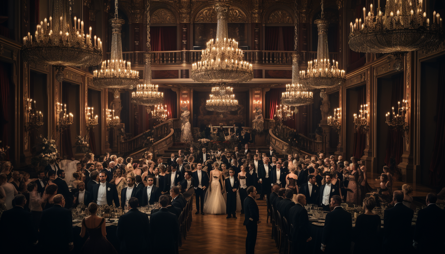 A magnificent ballroom filled with high society individuals, dressed in formal black-tie attire, rendered in 8K, shot with Leica M6 TTL, Leica 75mm 2.0 Summicron-M ASPH, Cinestill 800T.
