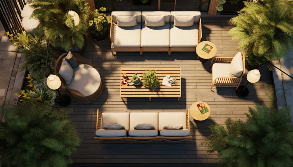 An overhead shot of an elegant and luxurious outdoor space with perfectly arranged furniture, lighting, and varied greenery.