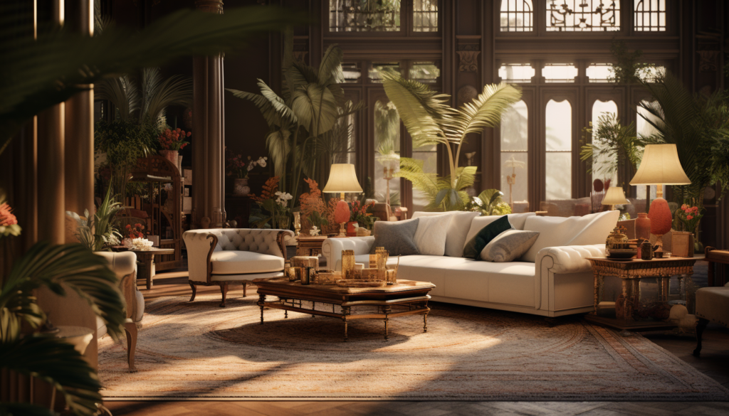 A visual representation of a luxury lifestyle, presenting a scene of a beautifully decorated high-end living room with artefacts from around the globe, rendered in 8K quality