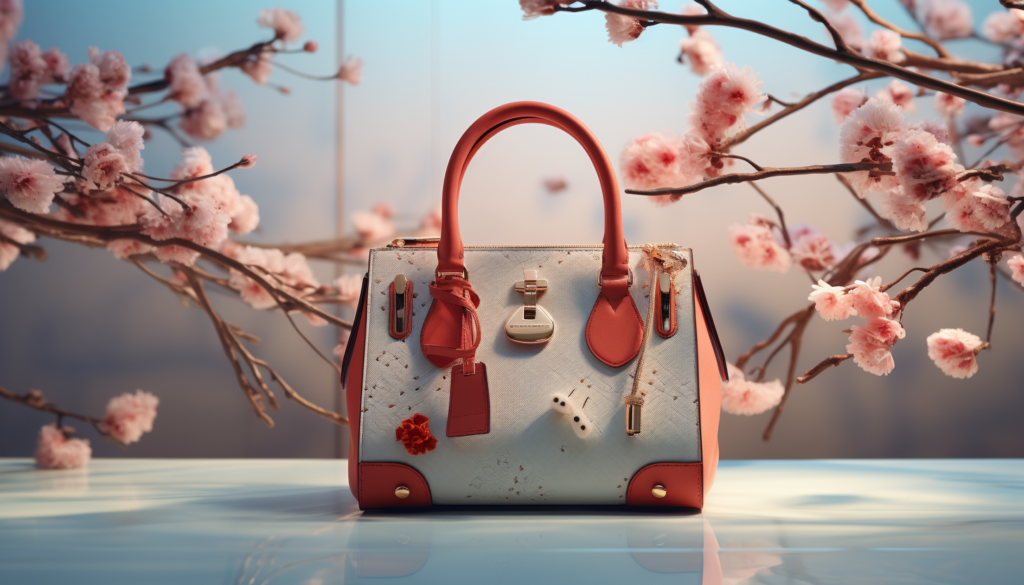 A designer handbag placed elegantly against a backdrop representing all four seasons, shot with Leica M6 TTL, rendered in 8K