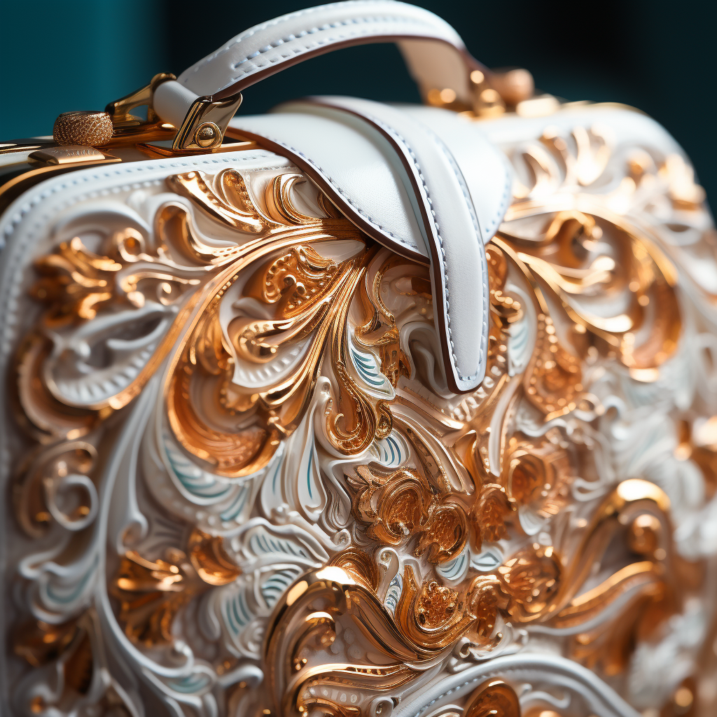 A close-up shot of a designer handbag showcasing intricate detailing, 8k quality