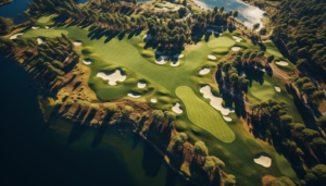 An aerial view of the majestic, perfectly manicured golf course surrounded by intricate landscape, rendered in 8K, shot with GoPro.