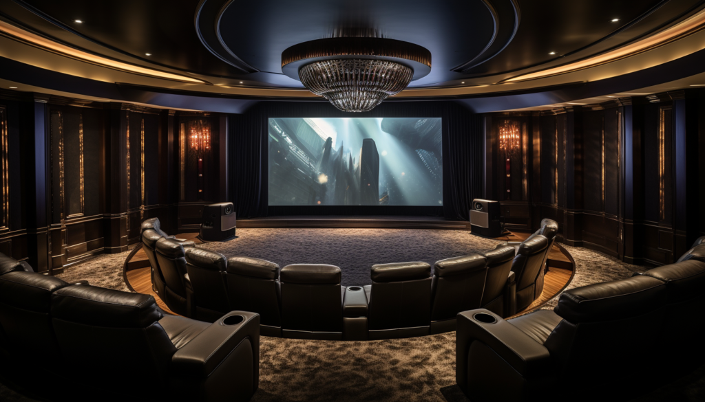 "A panoramic view of a luxurious home theater capturing the large screen, comfortable seating and ambient lighting, intricately crafted, shot with Leica M6 TTL"