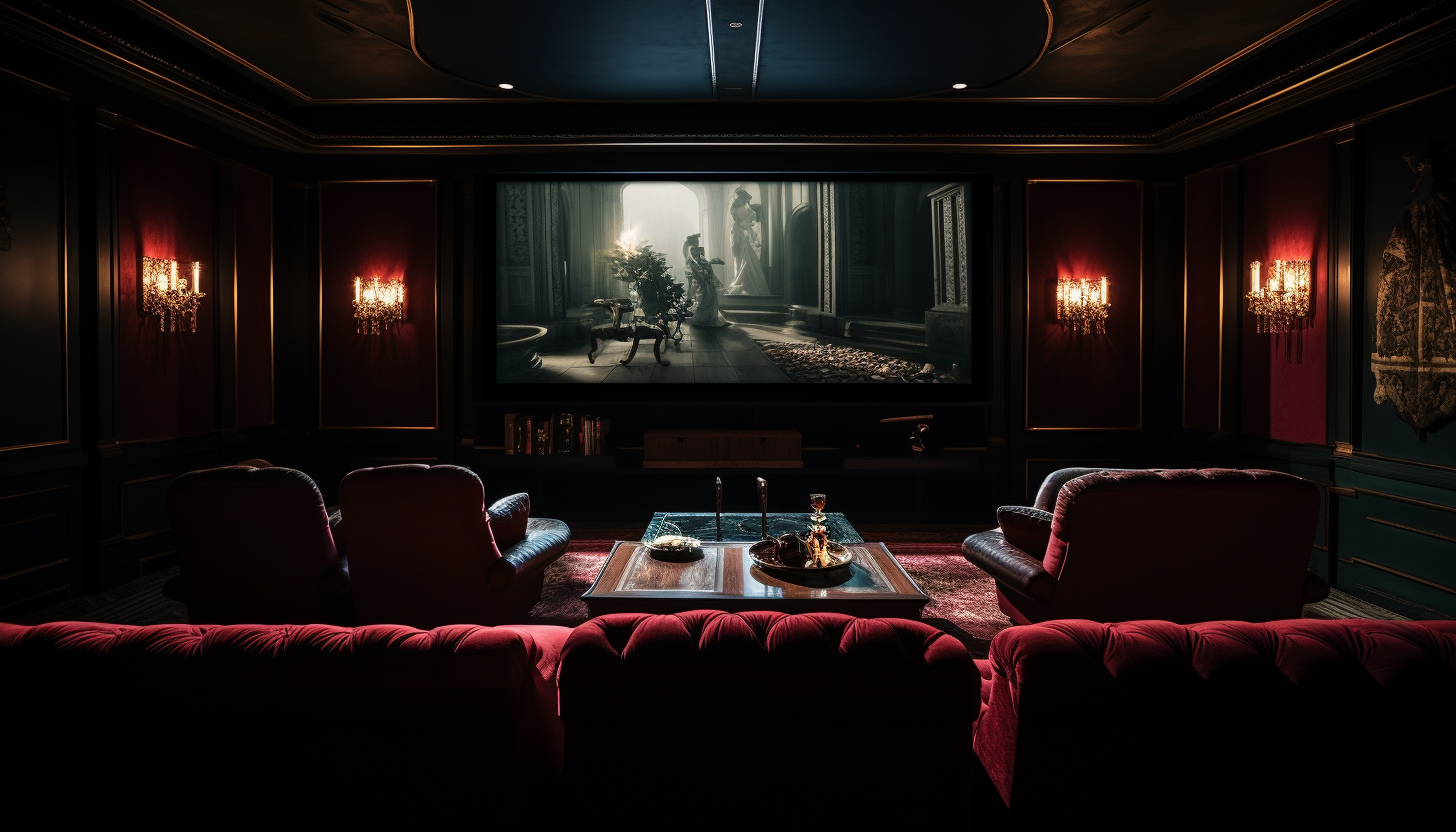 An elegant, dim-lit home theater showcasing plush seating arrangements, a large screen, and an intricate sound system, shot with Leica M6 TTL