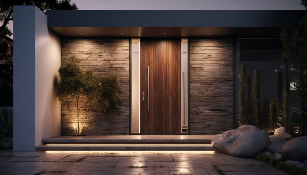 An opulent entrance to a smart home at dusk, the door opening automatically, with soft lighting guiding the way into a luxurious abode