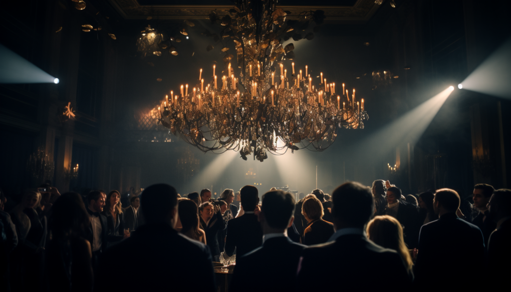 A luxurious chandelier in the centre of an upscale event venue, with guests mingling in the background, a scene depicting opulence and class, 8k photography, shot with Leica M6 TTL.