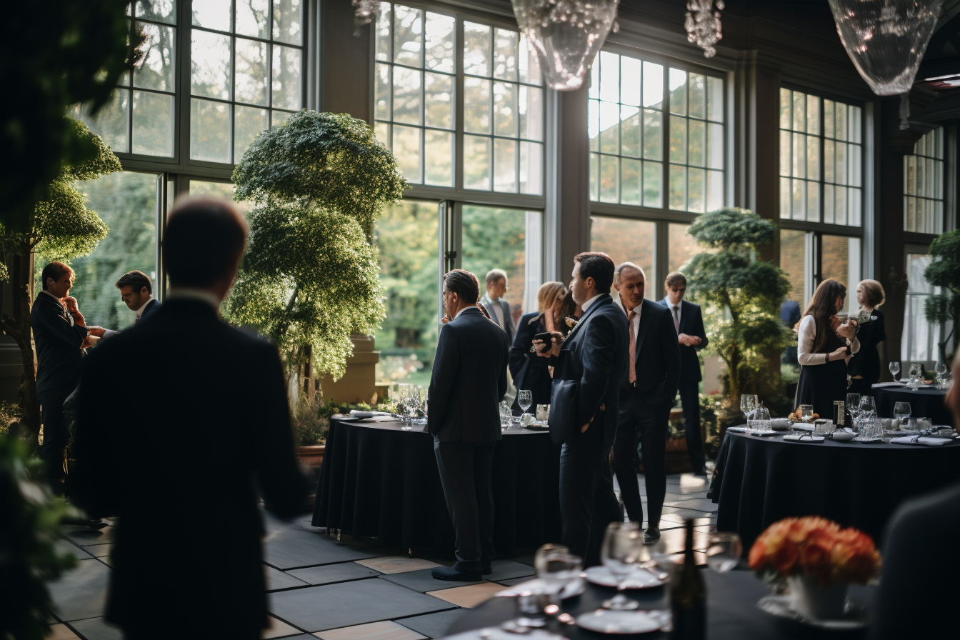 A corporate event in progress with a beautifully decorated setting, attendees interacting, 8k quality shot with Leica M6 TTL, Leica 75mm 2.0 Summicron-M ASPH, Cinestill 800T