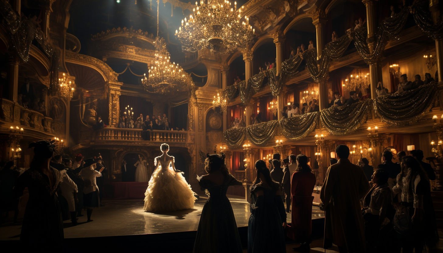 An elaborate opera house, beautifully lit with patrons in formal wear entering