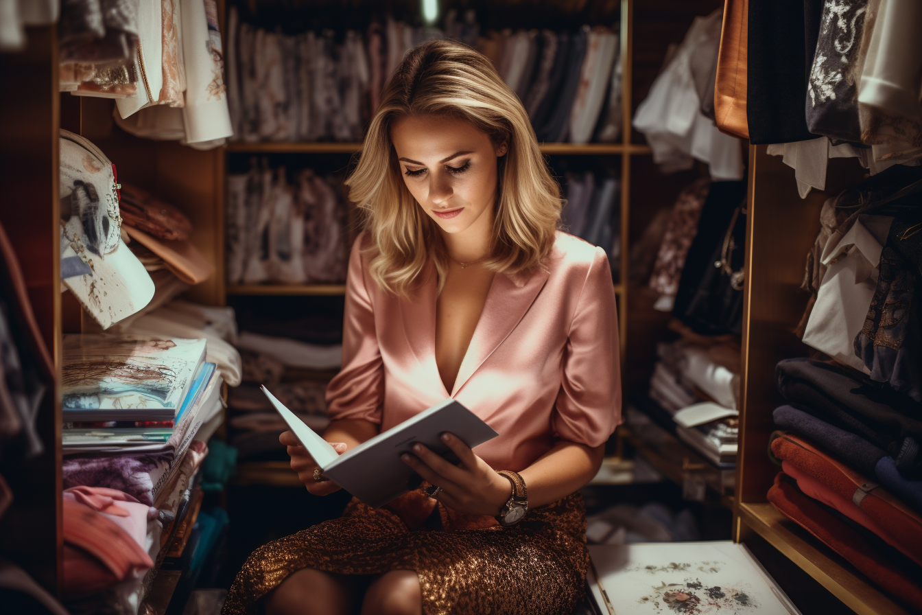 A woman studying style trends on a digital tablet, surrounded by fashion magazines, intricately crafted, 8k quality, shot with Leica M6 TTL, Leica 75mm 2.0 Summicron-M ASPH, Cinestill 800T.