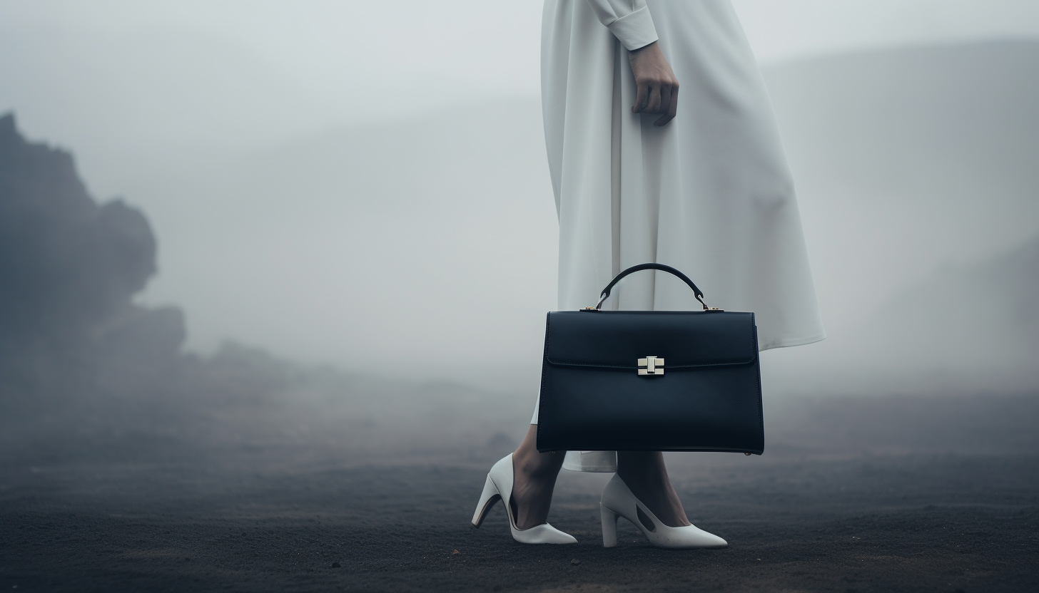 A classic white shirt, black dress, and a designer handbag displayed elegantly, shot in an 8K rendering, adding an element of fog for a moody vibe, shot with GoPro.