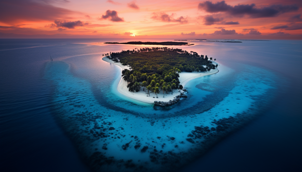 A mesmerizing bird's-eye view of a secluded private island in the Maldives, during sunset, with the orange-hued sky reflected in the clear blue waters. Intricately crafted in 8k quality, shot with Leica M6 TTL