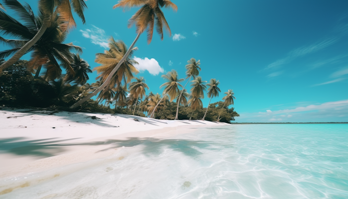 A serene beachfront on a private island, with pristine white sand, clear turquoise waters, and exotic palm trees, rendered in 8K, shot with GoPro.