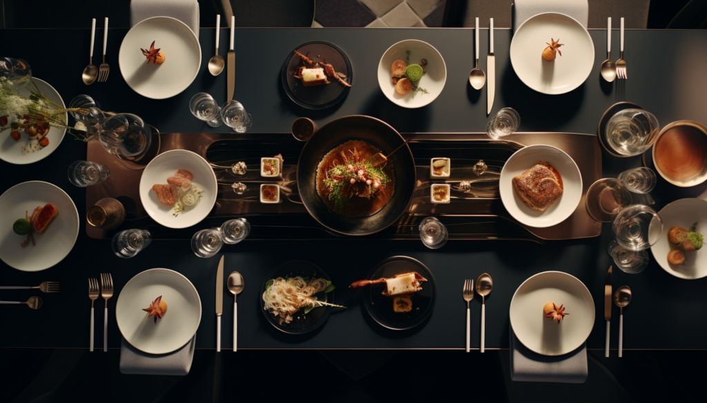 A top view shot of an elaborate multi-course meal set elegantly on a table in a luxurious restaurant, captured with depth and detail, in 8K quality