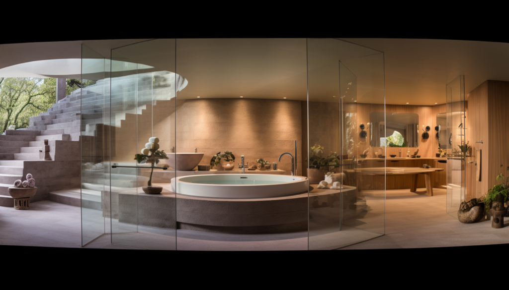 A panoramic image of a luxurious bathroom with a spa-like feel, shot with Leica M6 TTL, Leica 75mm 2.0 Summicron-M ASPH, Cinestill 800T.