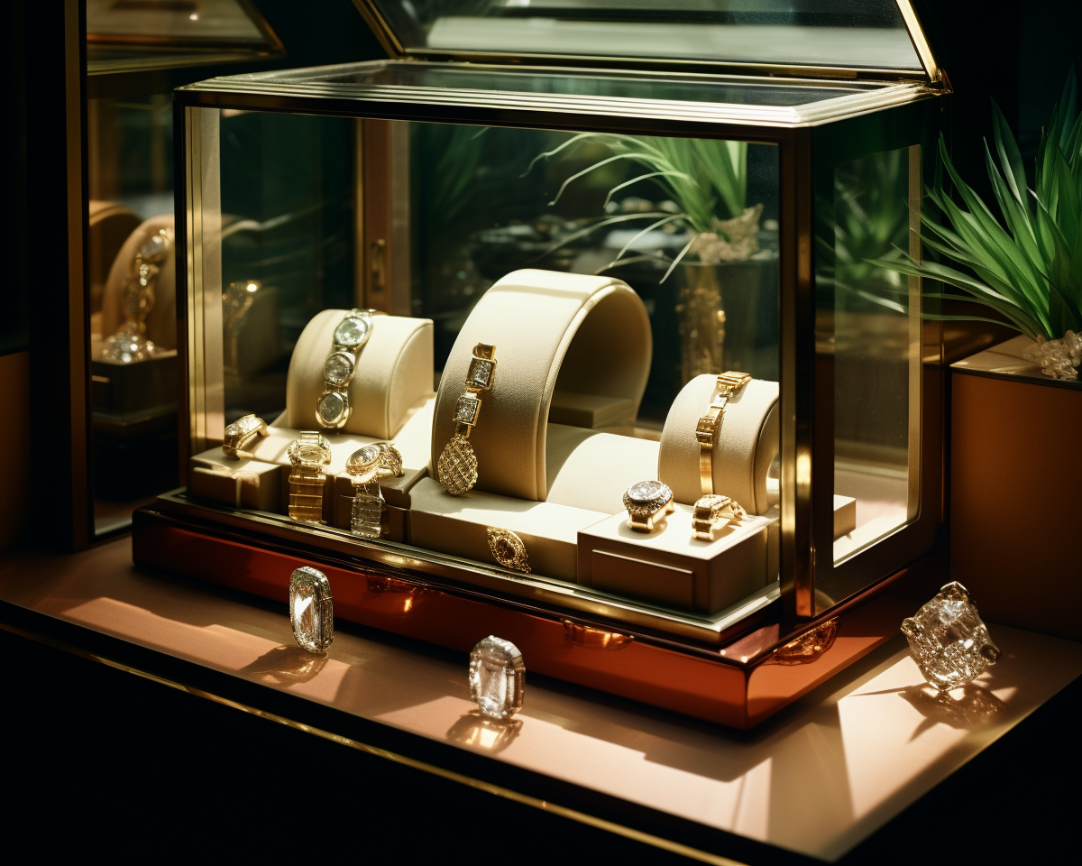 Display case of glowing high-end jewelry, shot with Leica M6 TTL, Cinestill 800T