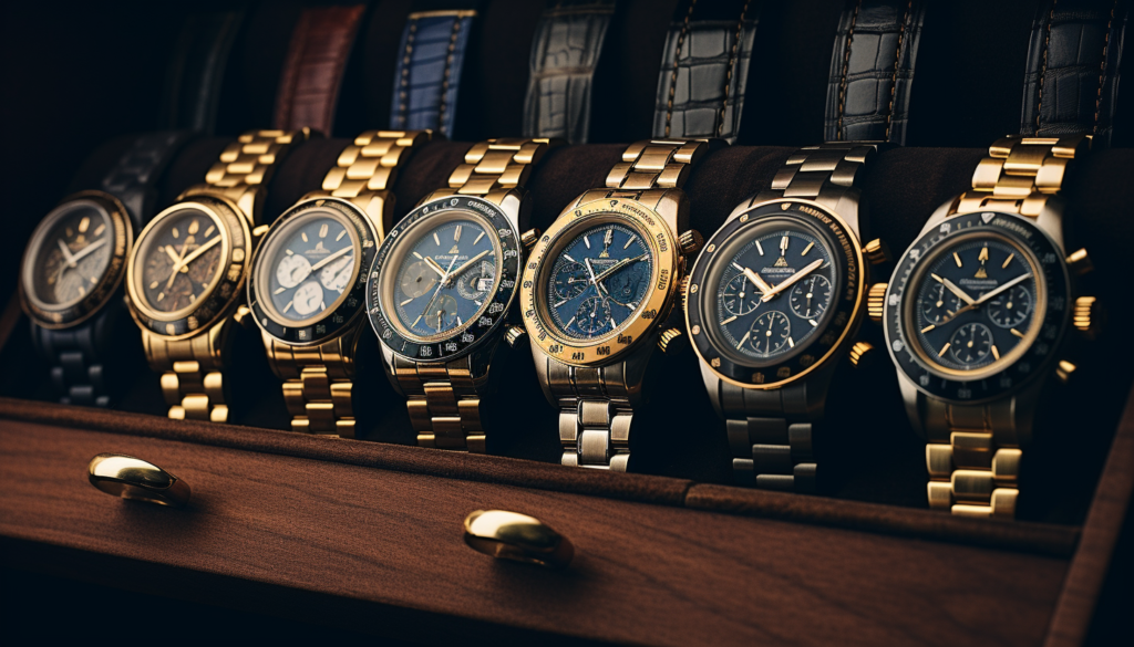 A intricate line-up of various luxury watches on a smooth, granite surface with soft lighting illuminating the details and craftsmanship, shot with Leica M6 TTL, Leica 75mm 2.0 Summicron-M ASPH, Cinestill 800T.