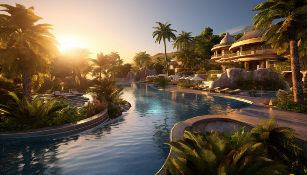 A panoramic view of a tropical luxury resort at golden hour, showcasing the pool, villas and surrounding greenery, delivered in 8k quality