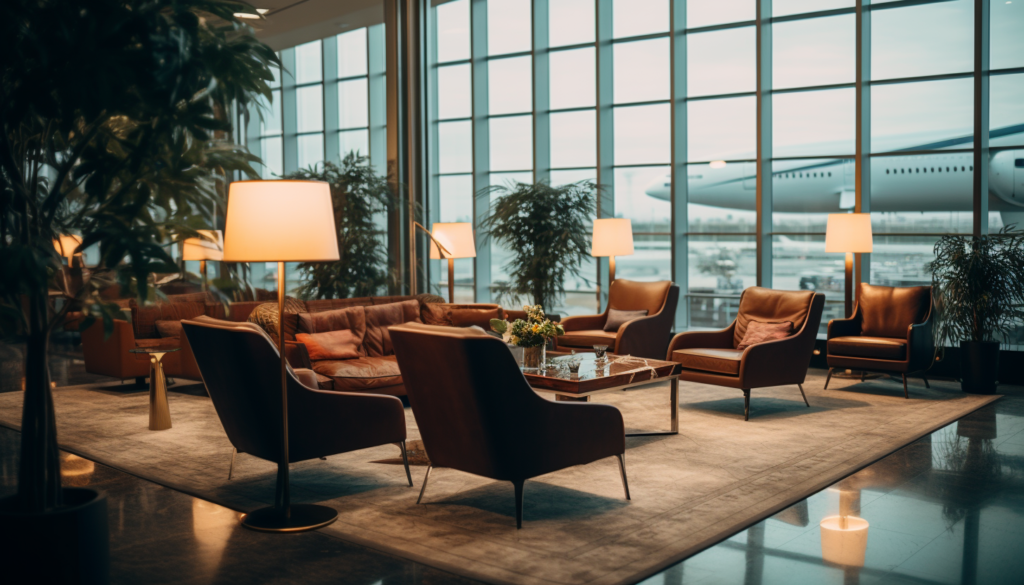 Luxurious airport lounge with plush seating and high-end amenities, capturing the essence of VIP travel with 8k quality, shot with Leica M6 TTL